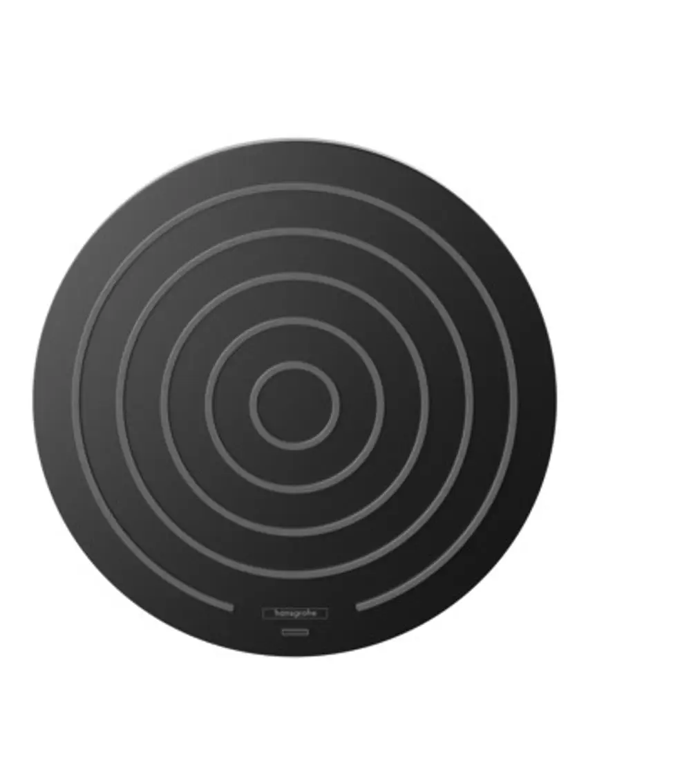 Runde Duschkopffläche mit konzentrischen Linien in Schwarz und grauen Akzenten, geeignet für eine Wandmontage. Produkt von Hansgrohe.